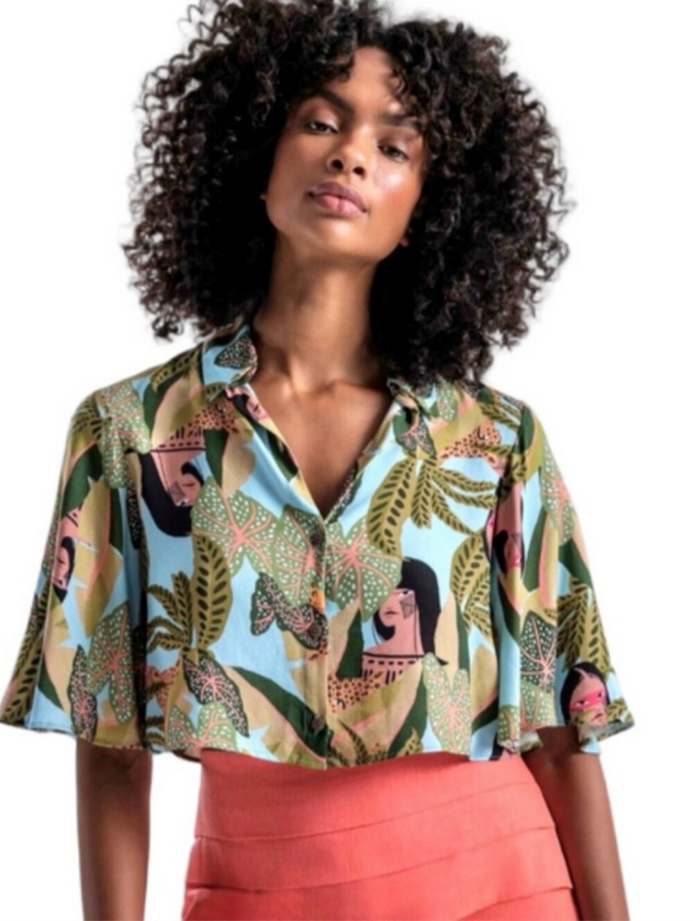 Lez a Lez Tropical Print Crop Shirt, Vibrant Palm Leaf Button-up Size L
